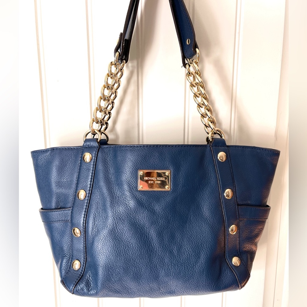 MICHAEL KORS Gold Studded Navy Blue Leather Side Pocket Shoulder Bag Purse